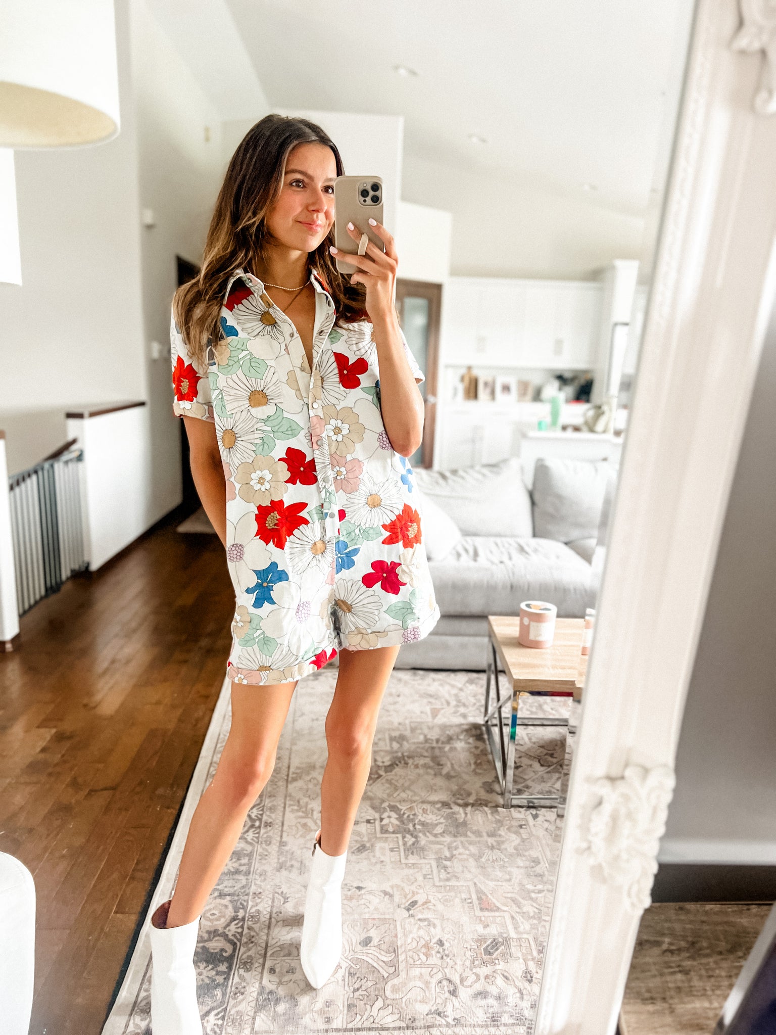 flower bouquet denim rompers