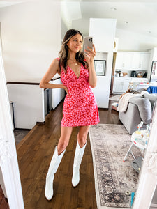 MONICA RED AND PINK FLORAL MINI DRESS