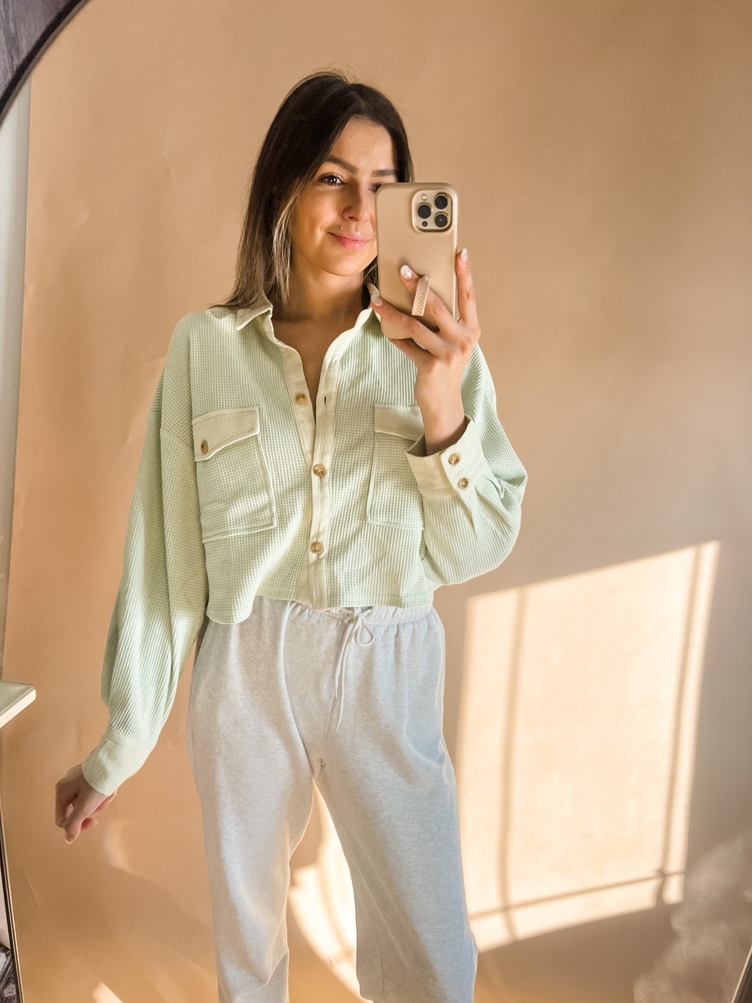 MINT CROPPED WAFFLE TOP